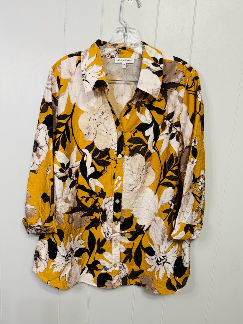 #18)  Sara Michelle Mustard Floral Button-Down Shirt with Black and White Accent